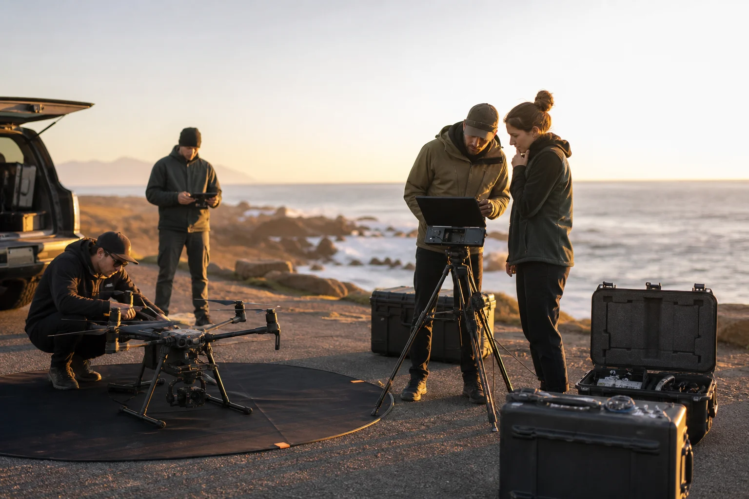 Set üzerinde drone hazırlığı yapan operatör