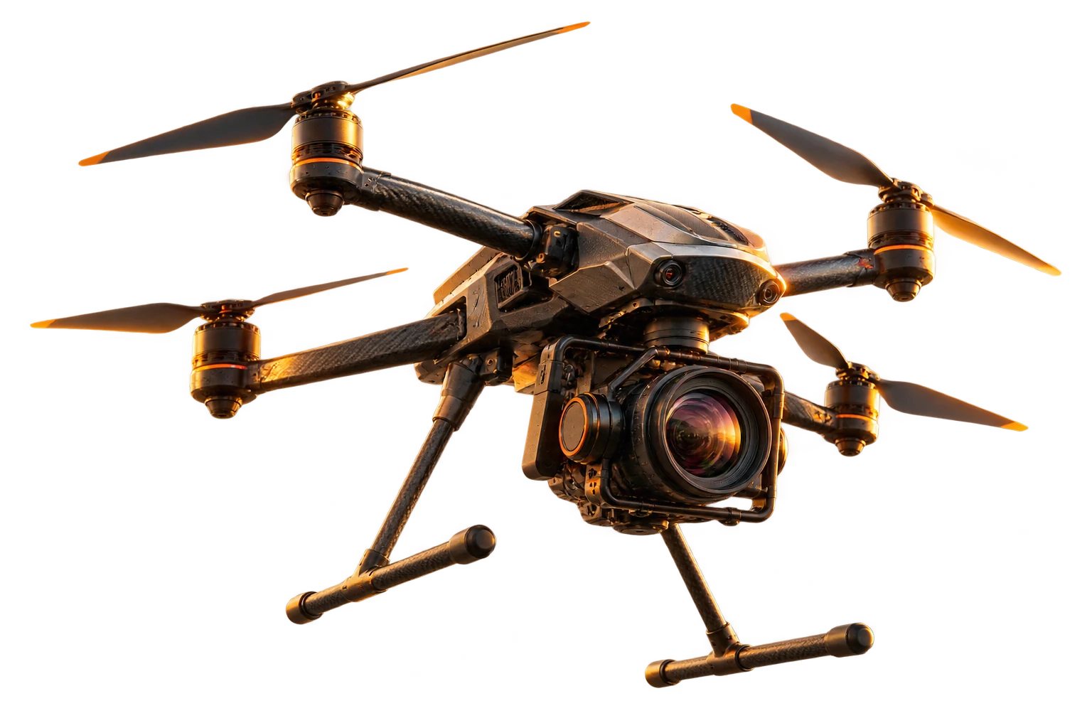 Turuncu gün batımı ışığında profesyonel sinema drone'u